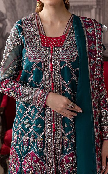 Maria Osama Khan Teal Organza Suit | Pakistani Embroidered Chiffon Dresses USA- Image 3