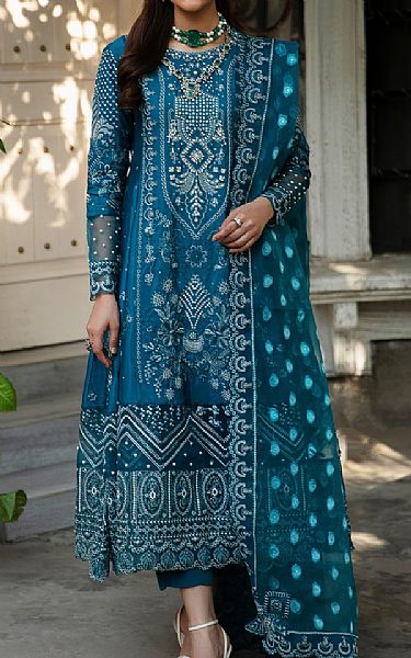 Maria Osama Khan Teal Blue Grip Suit | Pakistani Embroidered Chiffon Dresses- Image 1