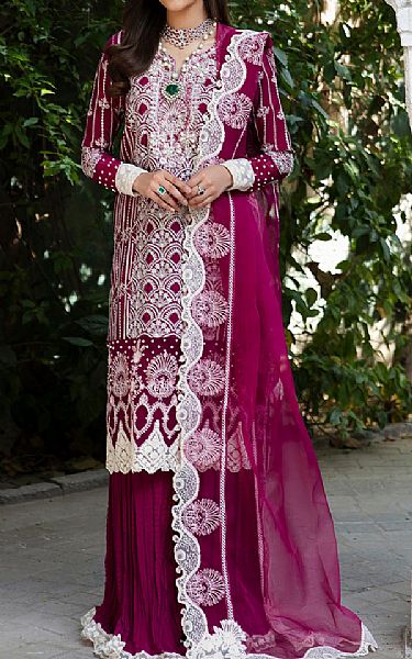 Maria Osama Khan Dark Fuchsia Grip Suit | Pakistani Embroidered Chiffon Dresses- Image 1