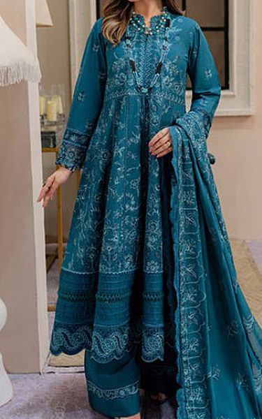 Marjjan Teal Blue Karandi Suit | Pakistani Winter Dresses- Image 1