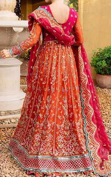 Marjjan Cerise Pink/Bright Orange Raw Silk Suit | Pakistani Embroidered Chiffon Dresses USA- Image 2