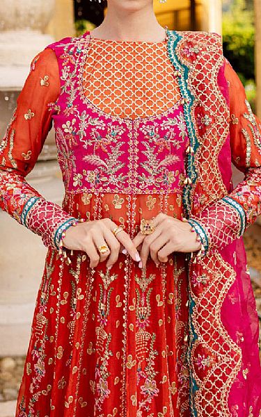 Marjjan Cerise Pink/Bright Orange Raw Silk Suit | Pakistani Embroidered Chiffon Dresses USA- Image 3