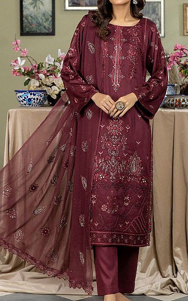 Marjjan Wine Linen Suit | Pakistani Winter Dresses- Image 1