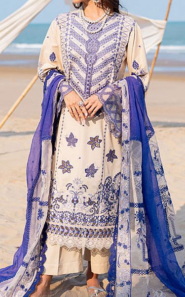 Marjjan Ivory/Blue Lawn Suit | Pakistani Lawn Dress in USA- Image 1