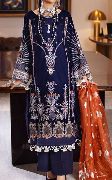 Marjjan Navy Blue Velvet Suit | Pakistani Winter Dresses- Image 1