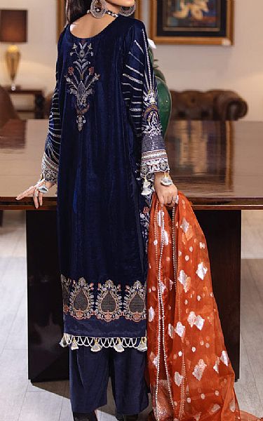 Marjjan Navy Blue Velvet Suit | Pakistani Winter Dresses- Image 2