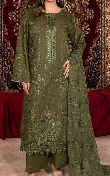 Marjjan Olive Green Lawn Suit | Pakistani Lawn Dress in USA- Image 1