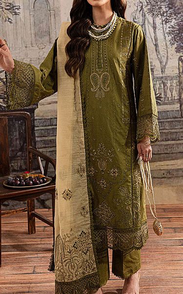 Marjjan Olive Karandi Suit | Pakistani Winter Dresses in USA- Image 1