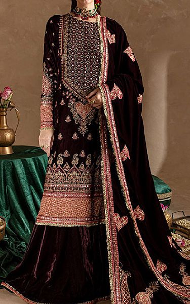 Marjjan Wine Velvet Suit | Pakistani Winter Dresses in USA- Image 1