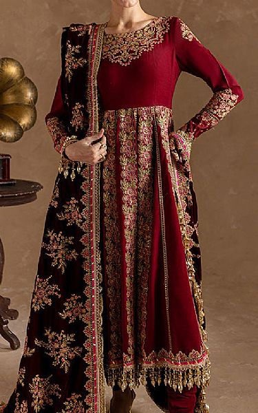 Marjjan Maroon Raw Silk Suit | Pakistani Embroidered Chiffon Dresses USA- Image 1