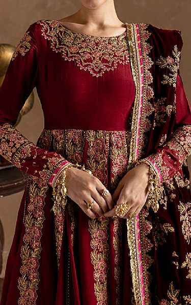 Marjjan Maroon Raw Silk Suit | Pakistani Embroidered Chiffon Dresses USA- Image 3