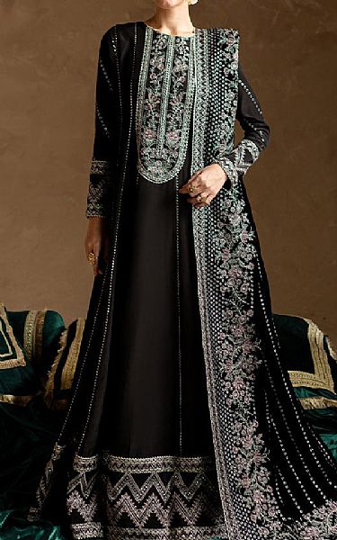 Marjjan Black Raw Silk Suit | Pakistani Embroidered Chiffon Dresses USA- Image 1