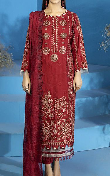 Marjjan Red Linen Suit | Pakistani Winter Dresses- Image 1