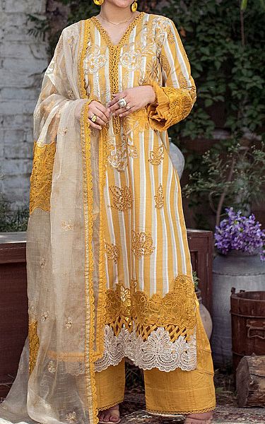 Marjjan White/Mustard Lawn Suit | Pakistani Lawn Dress in USA- Image 1