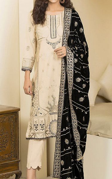 Marjjan Off-white/Black Wool Suit | Pakistani Winter Dresses- Image 1