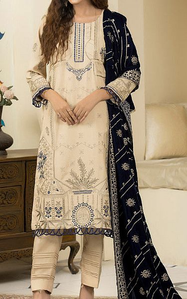 Marjjan Off-white/Navy Wool Suit | Pakistani Winter Dresses- Image 1