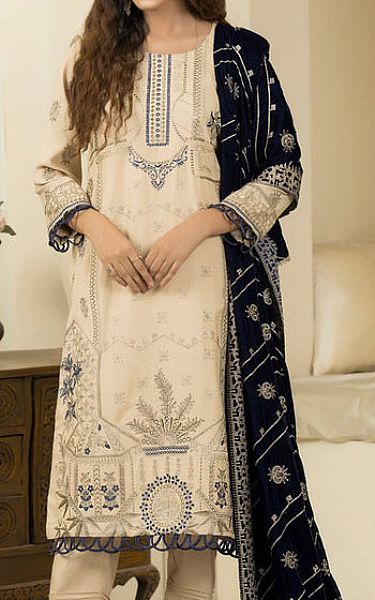 Marjjan Off-white/Navy Wool Suit | Pakistani Winter Dresses- Image 2