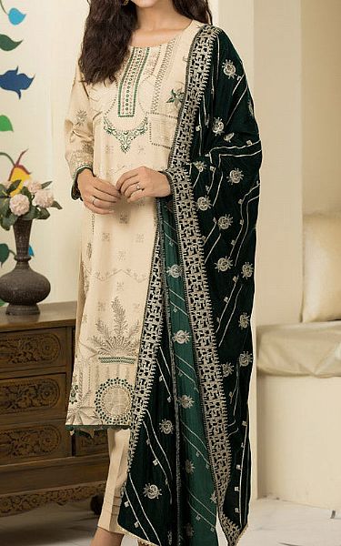 Marjjan Off-white/Green Wool Suit | Pakistani Winter Dresses- Image 1