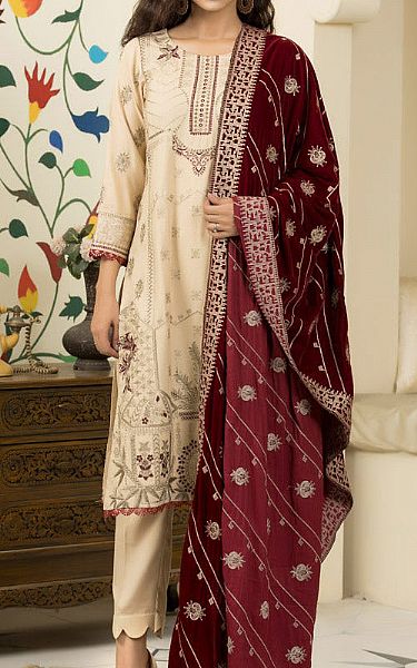 Marjjan Off-white/Red Wool Suit | Pakistani Winter Dresses- Image 1