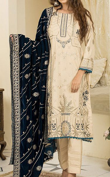 Marjjan Off-white/Zinc Blue Wool Suit | Pakistani Winter Dresses- Image 1