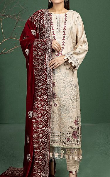 Marjjan Ivory/Scarlet Wool Suit | Pakistani Winter Dresses- Image 1