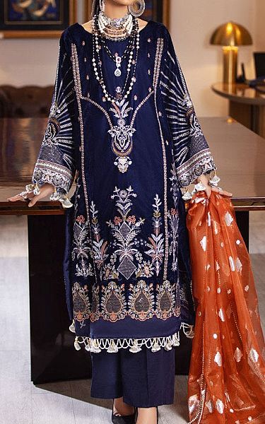 Marjjan Navy Blue Velvet Suit | Pakistani Winter Dresses- Image 1