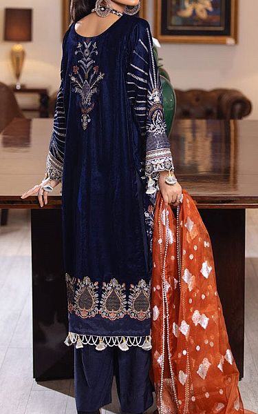 Marjjan Navy Blue Velvet Suit | Pakistani Winter Dresses- Image 2
