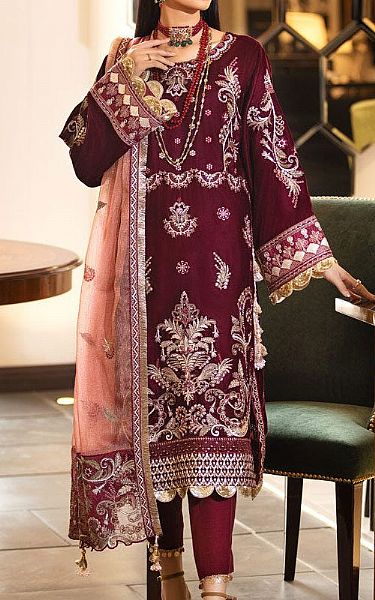 Marjjan Burgundy Velvet Suit | Pakistani Winter Dresses- Image 1
