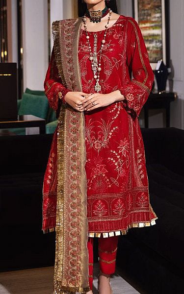 Marjjan Red Velvet Suit | Pakistani Winter Dresses- Image 1