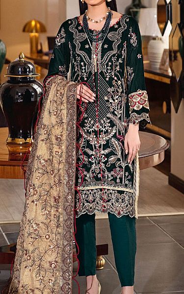 Marjjan Bottle Green Velvet Suit | Pakistani Winter Dresses- Image 1