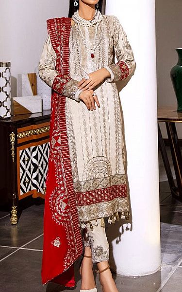 Marjjan White/Red Raw Silk Suit | Pakistani Winter Dresses- Image 1