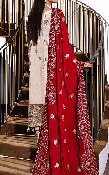 Marjjan White/Red Raw Silk Suit | Pakistani Winter Dresses- Image 2