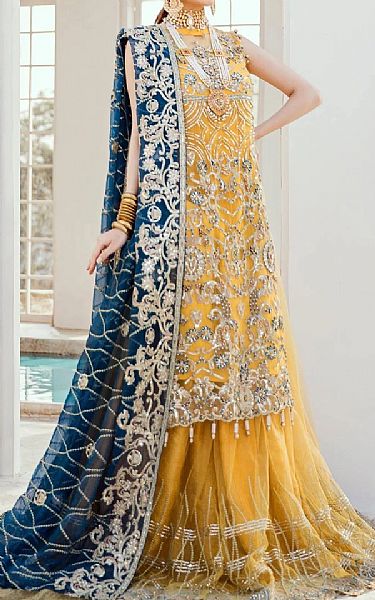 Maryum N Maria Mustard Net Suit | Pakistani Wedding Dresses- Image 1