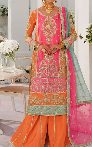 Maryum N Maria Brink Pink/Safety Orange Net Suit | Pakistani Wedding Dresses- Image 1