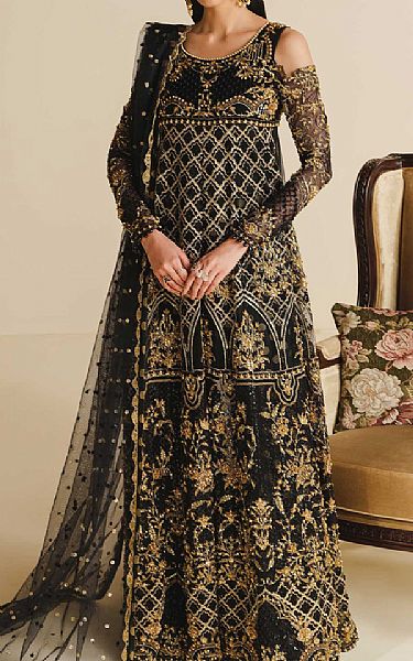 Maryum N Maria Black Net Suit | Pakistani Embroidered Chiffon Dresses- Image 1
