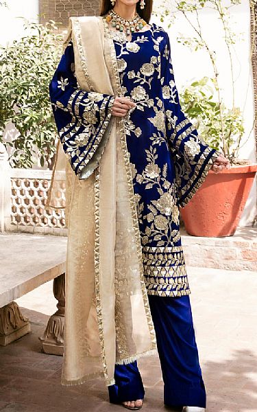 Maryum N Maria Dark Blue Velvet Suit | Pakistani Winter Dresses- Image 1