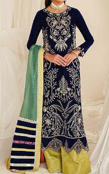 Maryum N Maria Dark Blue Velvet Suit | Pakistani Winter Dresses- Image 1