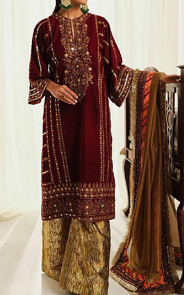 Maryum N Maria Maroon Velvet Suit | Pakistani Winter Dresses- Image 1