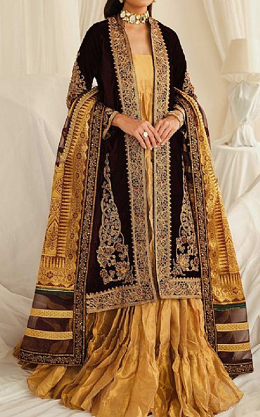 Maryum N Maria Mustard/Chocolate Brown Velvet Suit | Pakistani Winter Dresses- Image 1