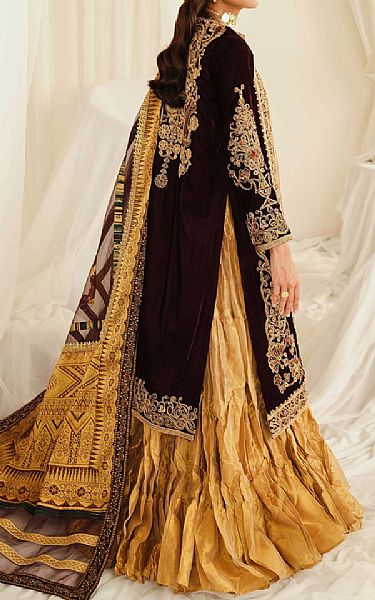 Maryum N Maria Mustard/Chocolate Brown Velvet Suit | Pakistani Winter Dresses- Image 2