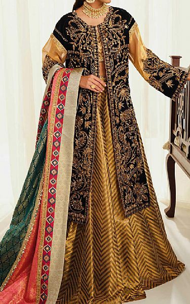 Maryum N Maria Mustard/Black Velvet Suit | Pakistani Winter Dresses- Image 1