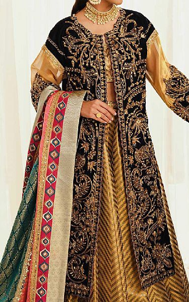 Maryum N Maria Mustard/Black Velvet Suit | Pakistani Winter Dresses- Image 2