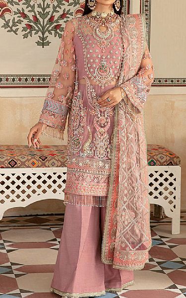 Maryam Hussain Tea Rose Net Suit | Pakistani Embroidered Chiffon Dresses- Image 1
