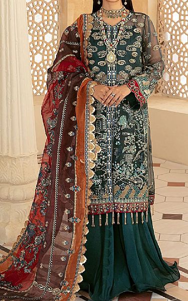 Maryam Hussain Teal Net Suit | Pakistani Embroidered Chiffon Dresses- Image 1
