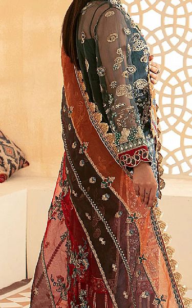 Maryam Hussain Teal Net Suit | Pakistani Embroidered Chiffon Dresses- Image 2