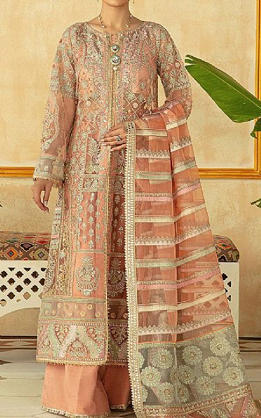 Maryam Hussain Peach Net Suit | Pakistani Embroidered Chiffon Dresses- Image 1