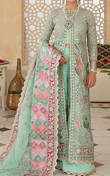 Maryam Hussain Mint Green Net Suit | Pakistani Embroidered Chiffon Dresses- Image 1