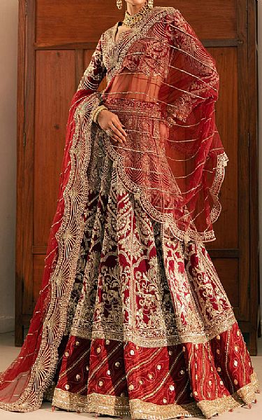 Maryam Hussain Red/Golden Raw Silk Suit | Pakistani Embroidered Chiffon Dresses USA- Image 1