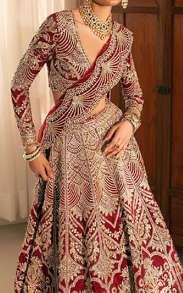 Maryam Hussain Red/Golden Raw Silk Suit | Pakistani Embroidered Chiffon Dresses USA- Image 2