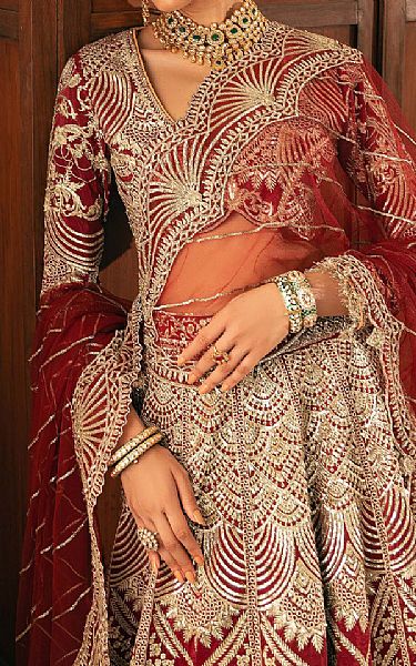 Maryam Hussain Red/Golden Raw Silk Suit | Pakistani Embroidered Chiffon Dresses USA- Image 3